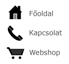 Ház ikon mellett a főoldal, telefon ikon mellett a kapcsolat, bevásárlókosár ikon mellett a webshop menüpont látható
